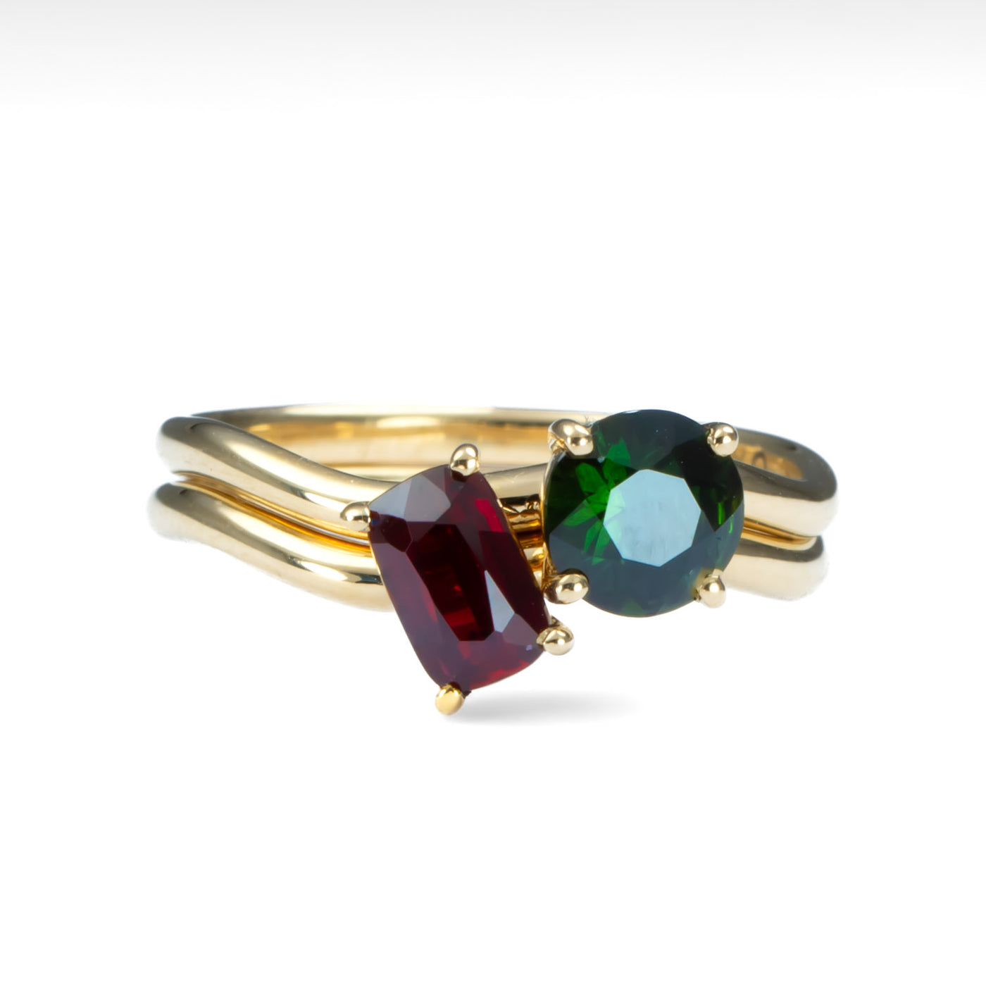 Toi et Moi ruby and green sapphire ring