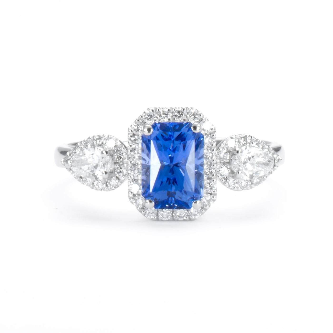 Sapphire Art Deco Ring Three stone platinum cornflower sapphire ring
